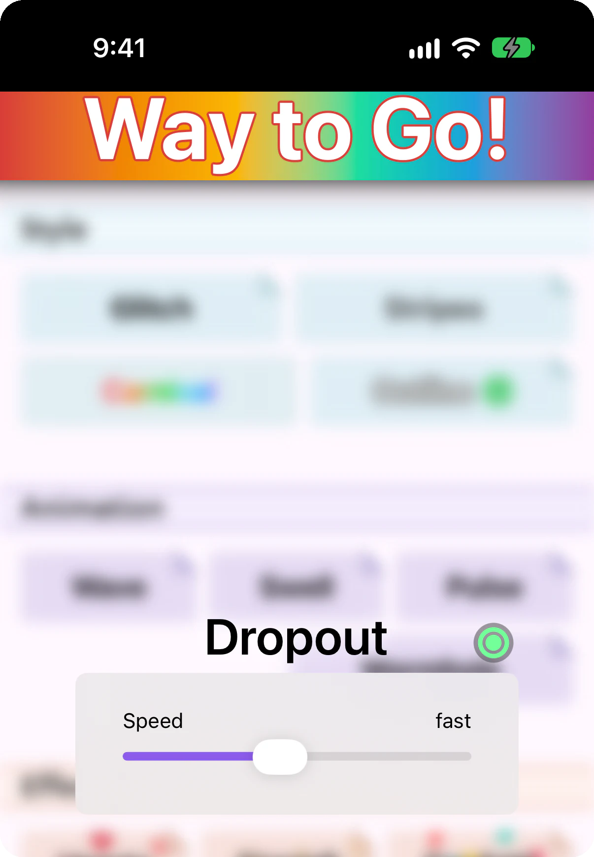 Dropout's settings open over the Gallery, with a Speed slider and the green dot beside its title