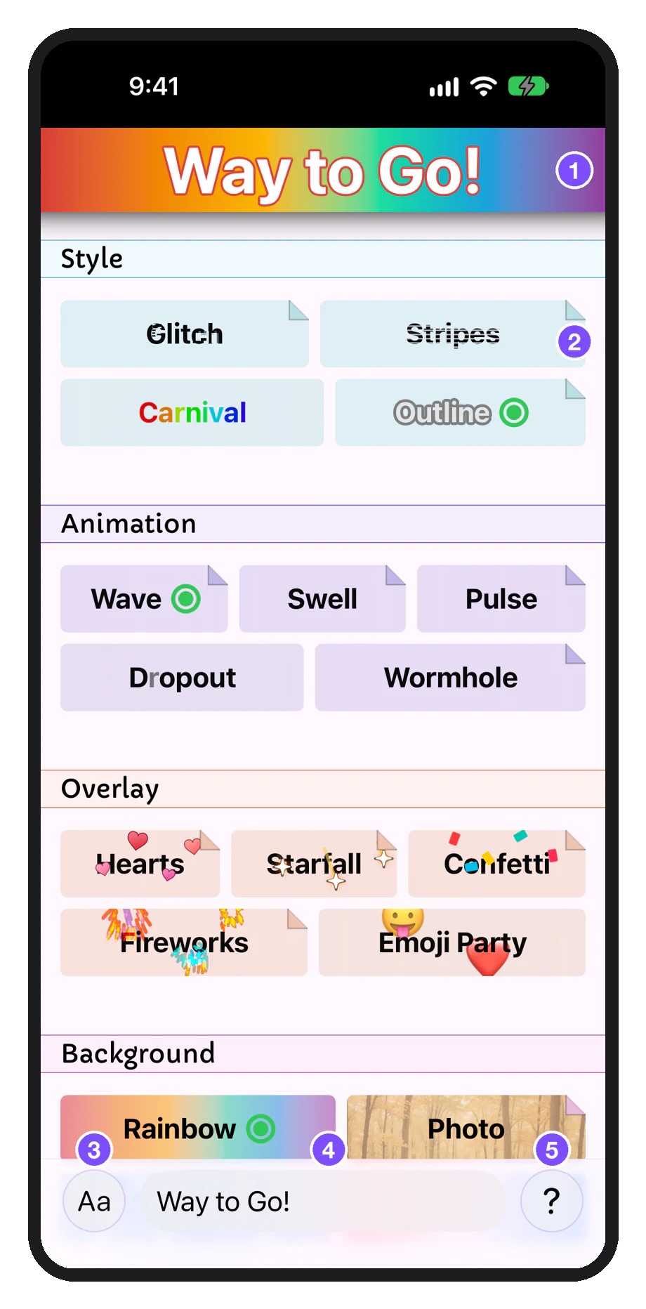 The Gallery: preview at the top, thumbnails grouped by category, and the message field with the Aa and ? buttons