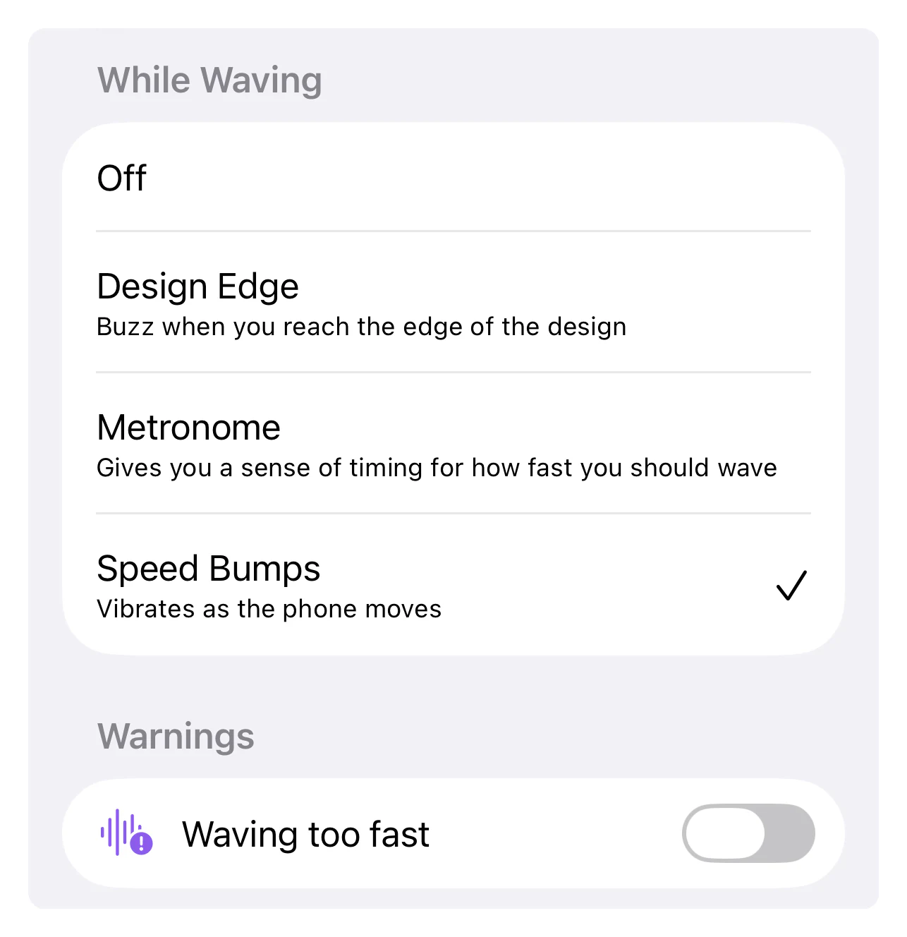 The Haptics setting: Off, Design Edge, Metronome and Speed Bumps, plus the Waving too fast warning