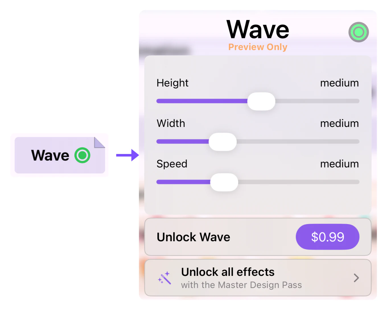 The Wave thumbnail with its folded corner, and its settings reading Preview Only, with Unlock Wave and Unlock all effects with the Master Design Pass