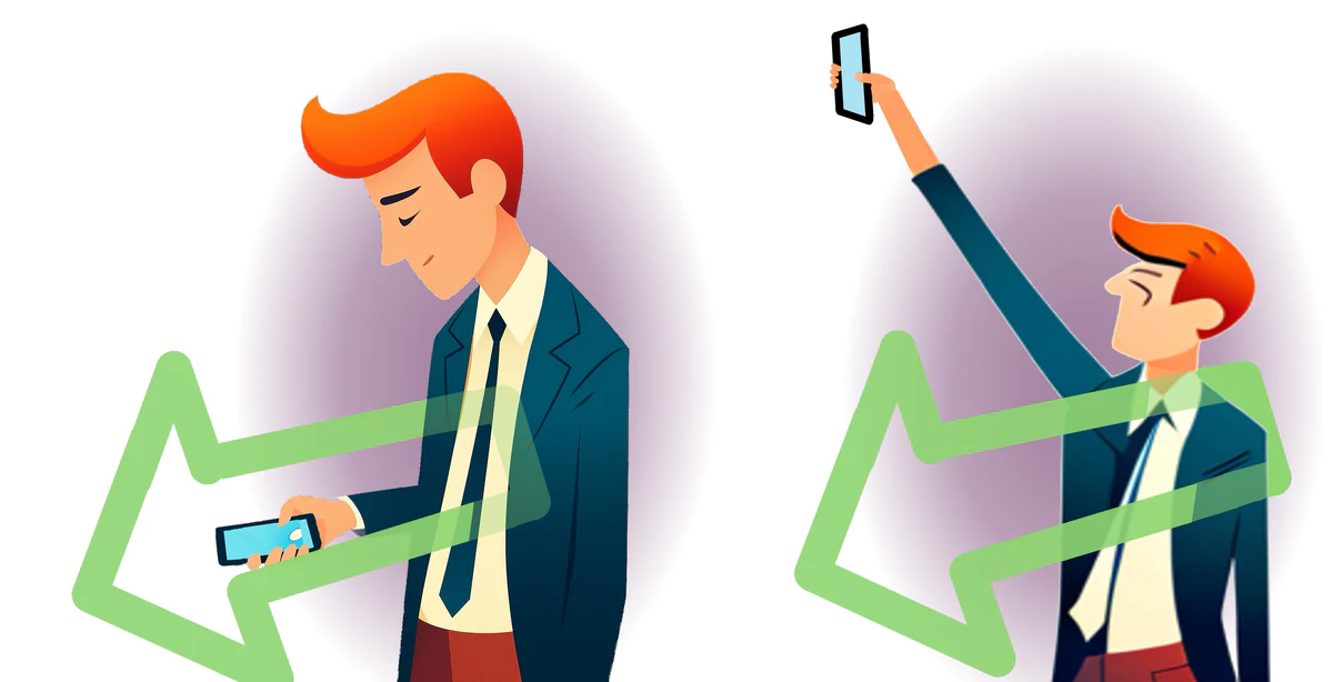 Left: a man looks down at his phone, its top pointing ahead along an arrow. Right: he has raised it overhead, upright, and its screen faces the way the arrow points
