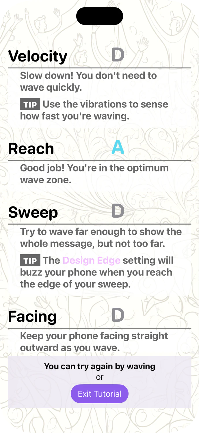 Interactive Tutorial results: a grade for each part of your wave, with tips