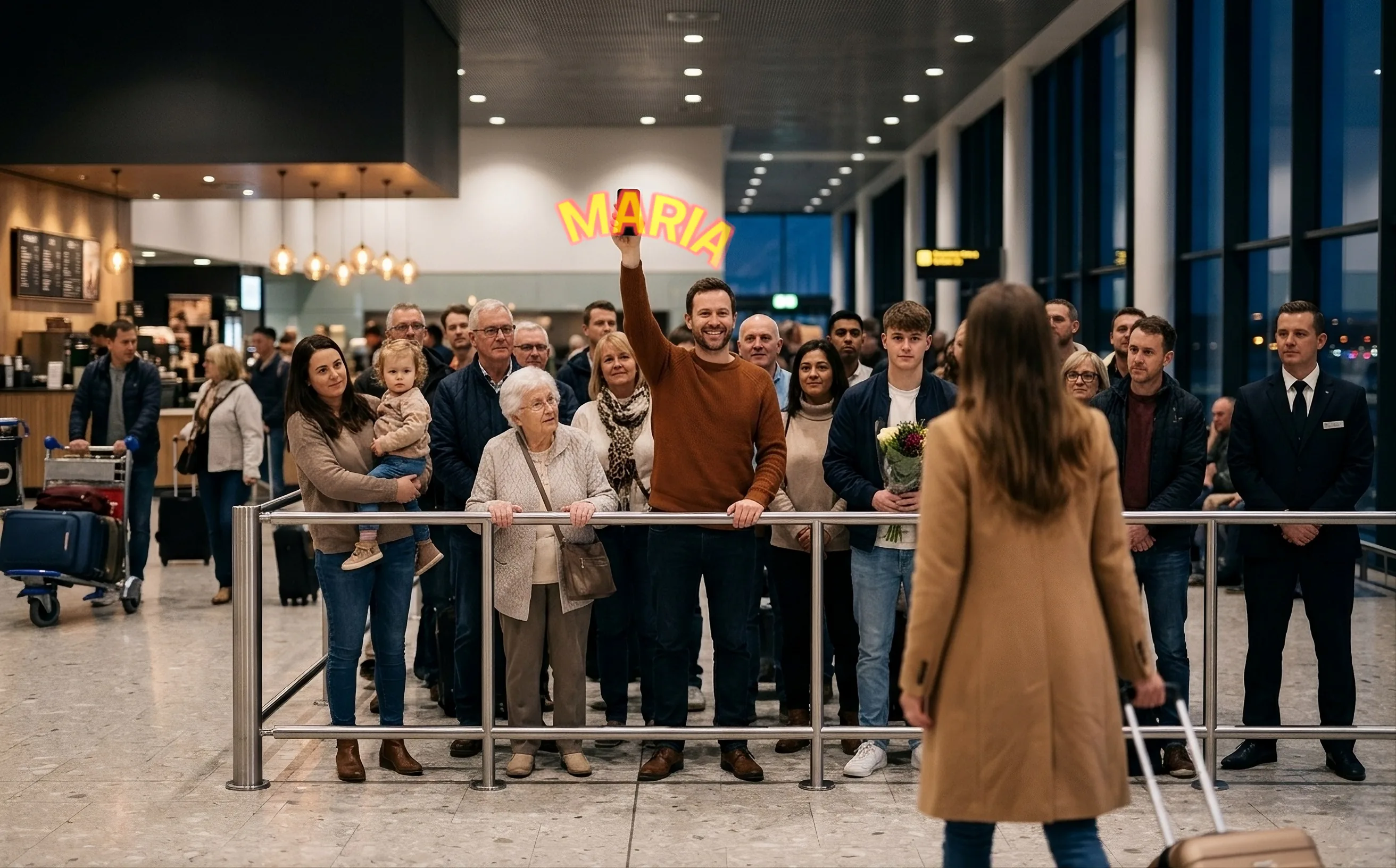 In an airport arrivals hall, a man in a rust sweater waits at the rail among a crowd, grinning with his phone held high as a woman with a suitcase walks toward him. MARIA arcs above his arm in yellow letters outlined in red.