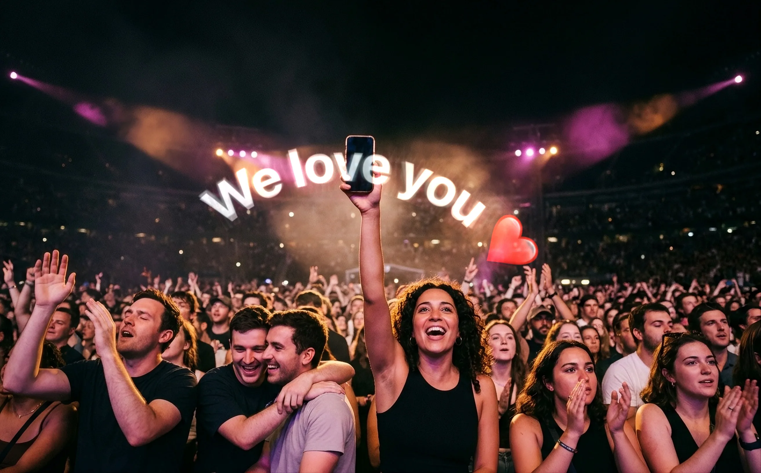 A woman in a stadium concert crowd laughs with her phone held high. We love you, with a red heart, arcs above her arm in glowing white letters.