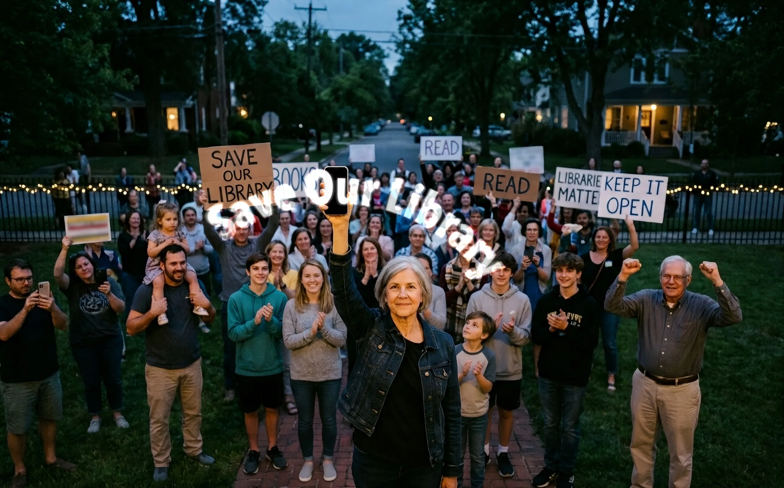 At a dusk rally on a library lawn, neighbors cheer and hold up hand-lettered signs. A gray-haired woman in a denim jacket holds her phone high, and Save Our Library arcs above her arm in glowing white letters.