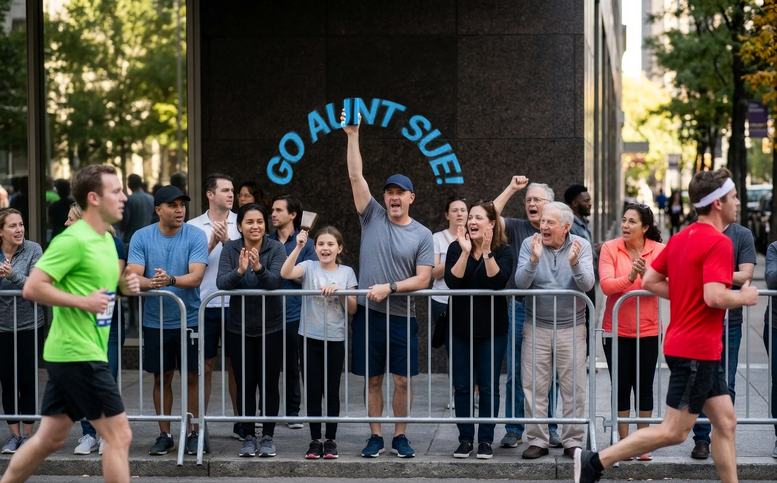 A man at a city marathon barrier cheers with his phone held high, surrounded by clapping spectators as runners pass. GO AUNT SUE! arcs above his arm in blue letters.
