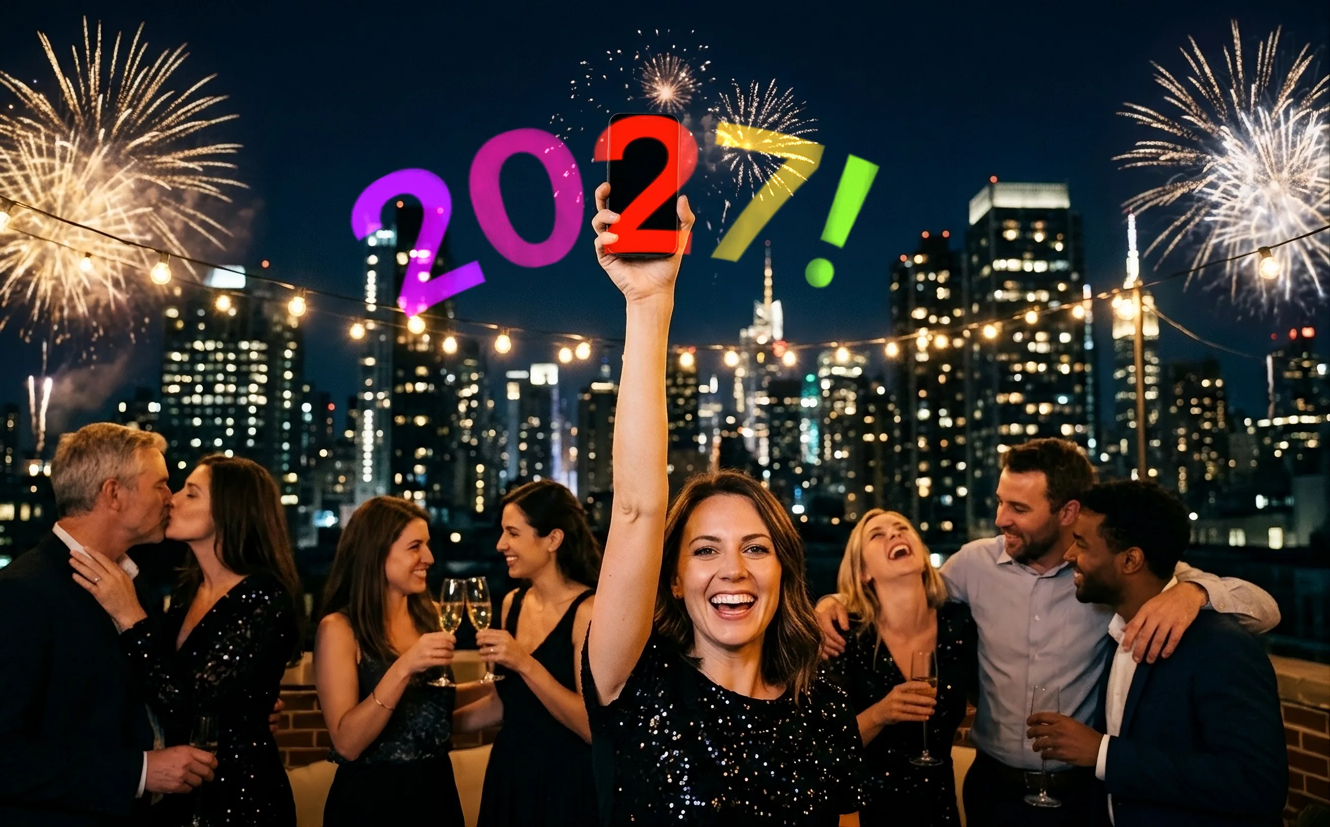 At a rooftop New Year's Eve party, a smiling woman in a sequined black top raises her phone among friends clinking champagne, with the city skyline and fireworks behind. 2027! arcs above her arm, each character a different color: purple, pink, red, orange and lime.