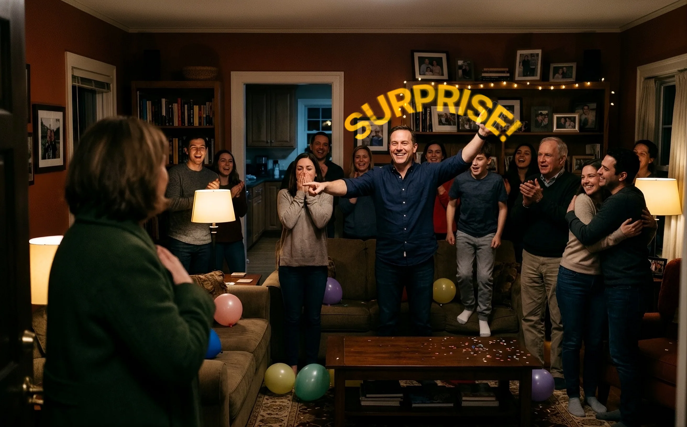 At a surprise party in a lamplit living room, a woman in a green coat stops in the doorway as friends cheer around the sofa. A man in a navy shirt points at her and raises his phone, and SURPRISE! arcs above his arm in yellow letters.