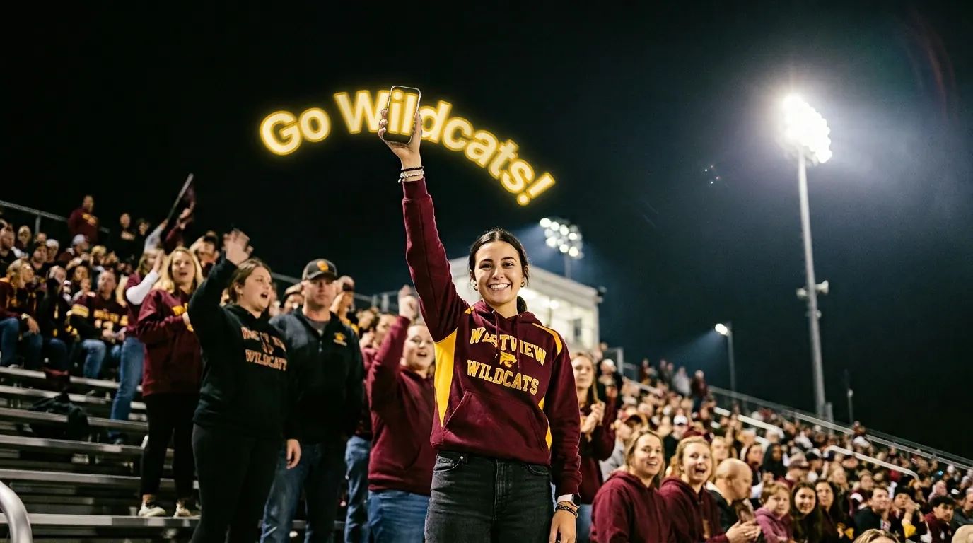 A fan at a night football game waves her phone overhead, and "Go Wildcats!" appears in gold-outlined letters along the arc of her wave